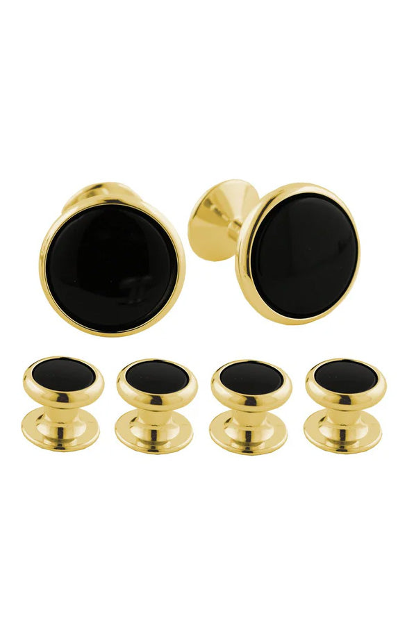 Onyx and Gold Brass Studs & Cufflinks Set