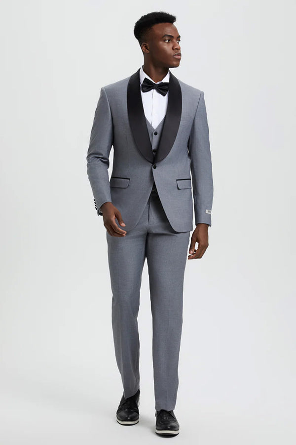 "Calloway" Grey 1-Button Shawl Tuxedo (3-Piece Set)