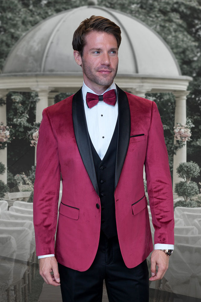 "Velvet Eclipse" Burgundy 1-Button Shawl Tuxedo (4-Piece Set)