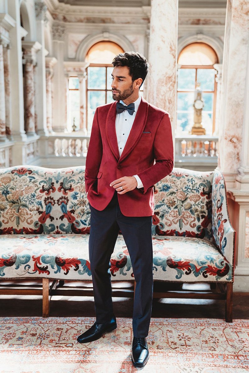ASOS DESIGN super skinny tuxedo jacket with velvet in red