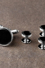 Ike Behar Premium Onyx Triple Rim Silver Studs and Cufflinks Set