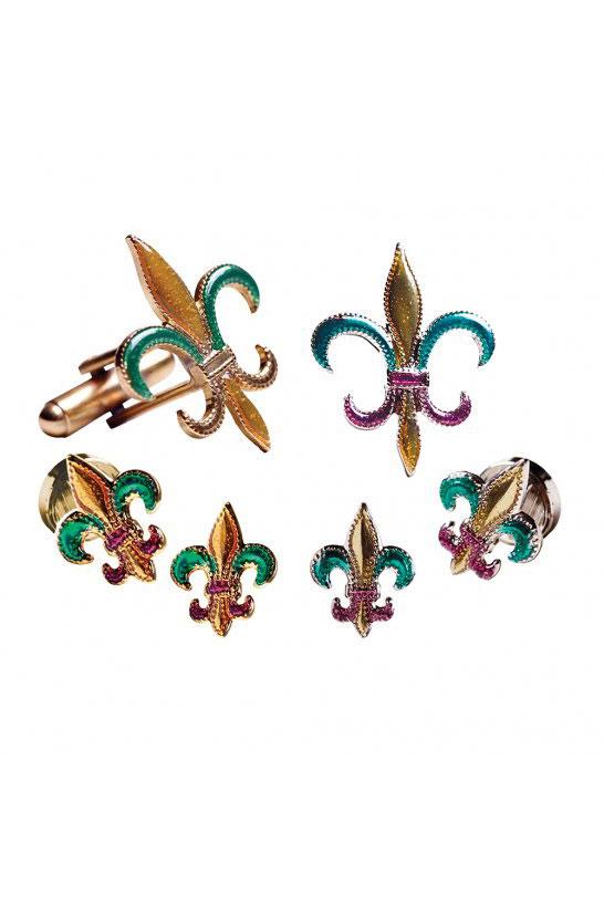 Pioneer Mardi Gras Epoxy Fleur de Lis Studs and Cufflinks Set