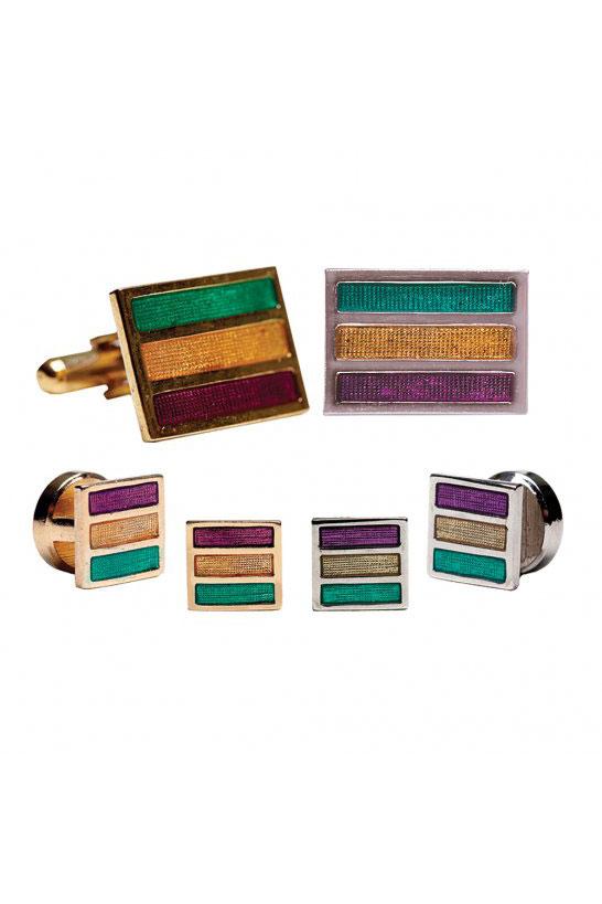 Pioneer Mardi Gras Epoxy Rectangle Studs and Cufflinks Set